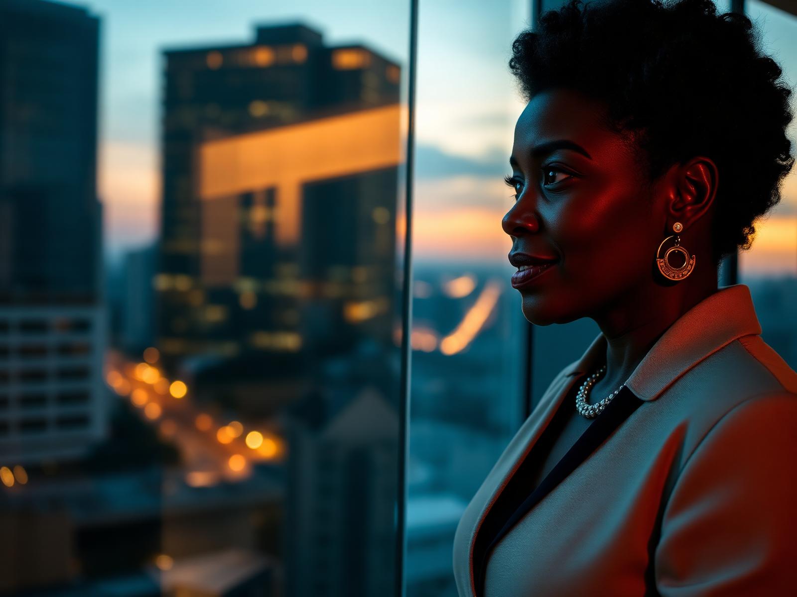 Dirigeante africaine dans un bureau à l'aube